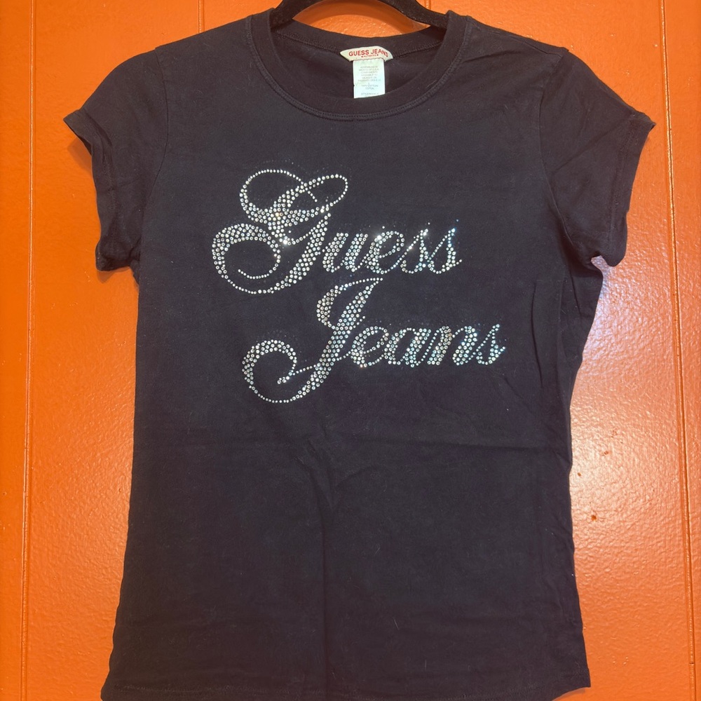 GUESS Black Short-Sleeve Tee with Rhinestone 'Guess Jeans' Logo